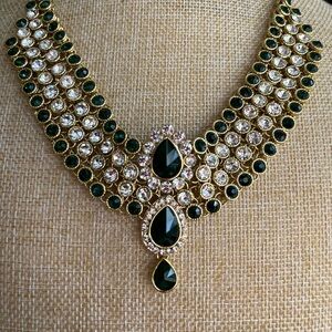 Indian Wedding Necklace Emerald Crystal and Rhinestone Crystal Necklace